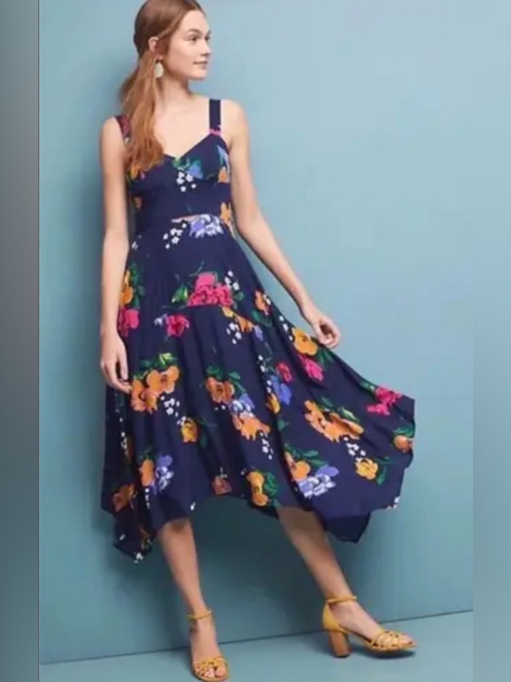 Maeve Anthropologie Vivienne Midi Dress Women's 14 Black Floral Handkerchief Hem